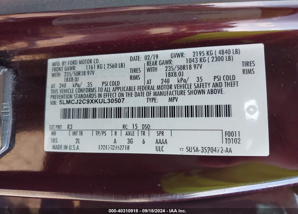 2019 LINCOLN MKC SELECT VIN: 5LMCJ2C9XKUL30507