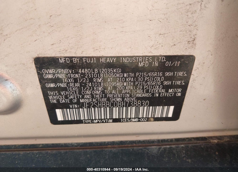 2011 SUBARU FORESTER 2.5X VIN: JF2SHBBC0BH738830