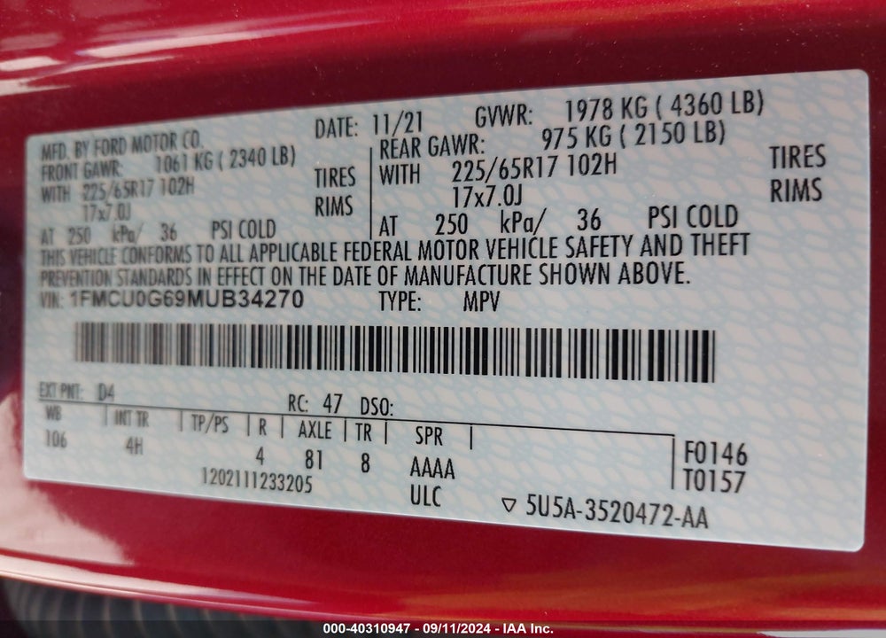 2021 FORD ESCAPE SE VIN: 1FMCU0G69MUB34270