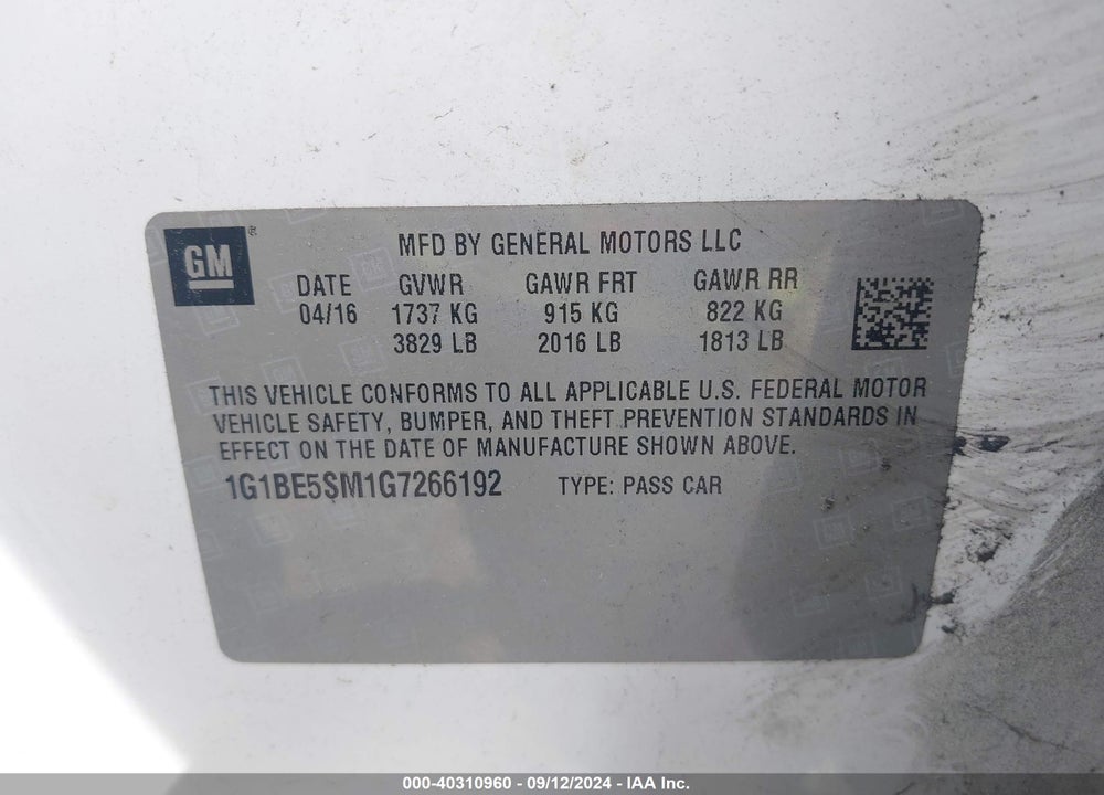 2016 CHEVROLET CRUZE LT AUTO VIN: 1G1BE5SM1G7266192