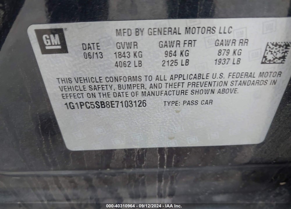 2014 CHEVROLET CRUZE 1LT AUTO VIN: 1G1PC5SB8E7103126
