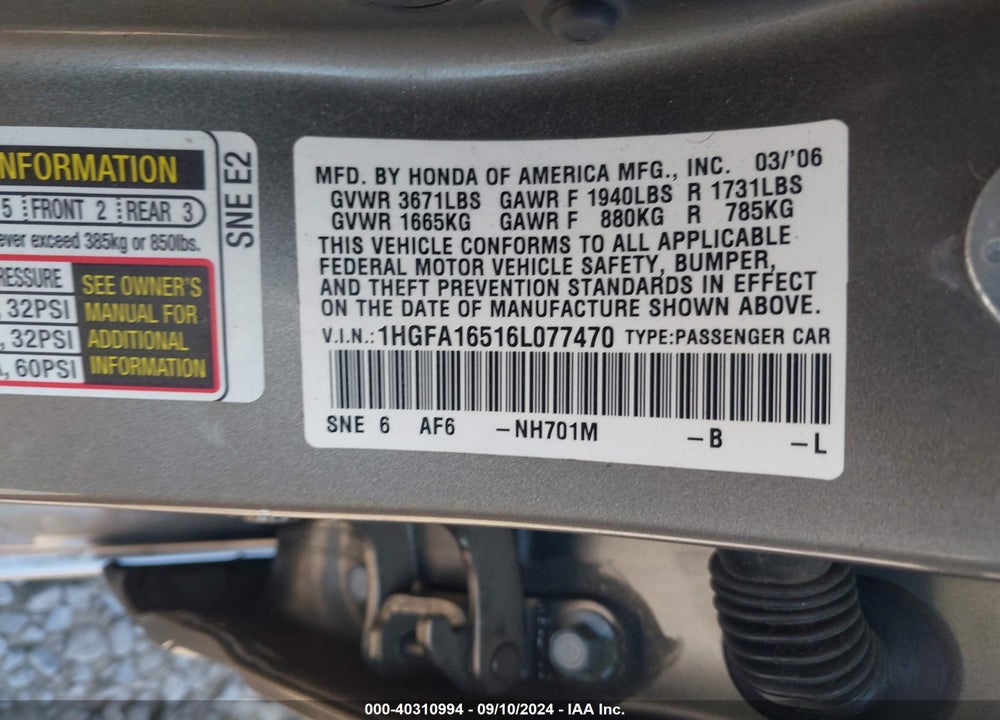 2006 HONDA CIVIC LX VIN: 1HGFA16516L077470