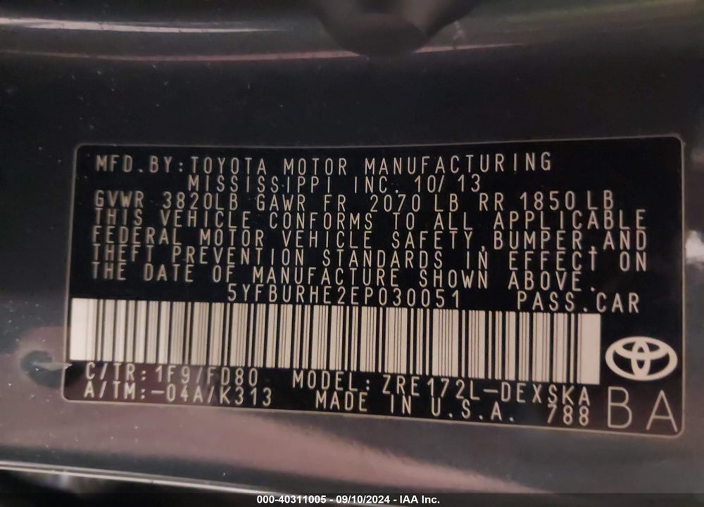 2014 TOYOTA COROLLA S PLUS VIN: 5YFBURHE2EP030051