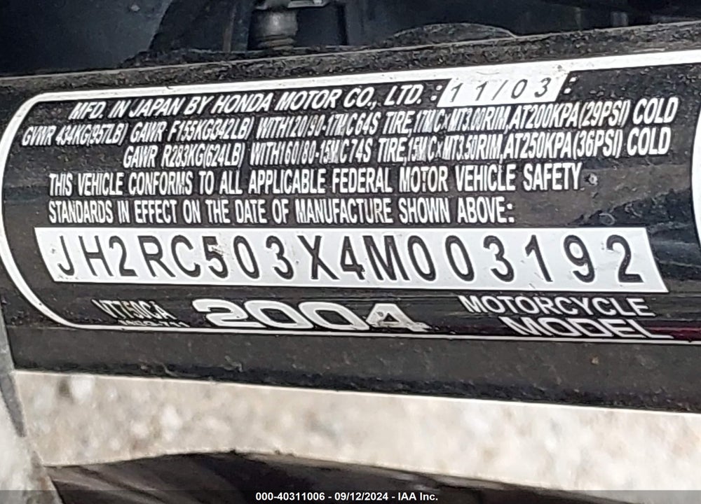 2004 HONDA VT750 CA VIN: JH2RC503X4M003192