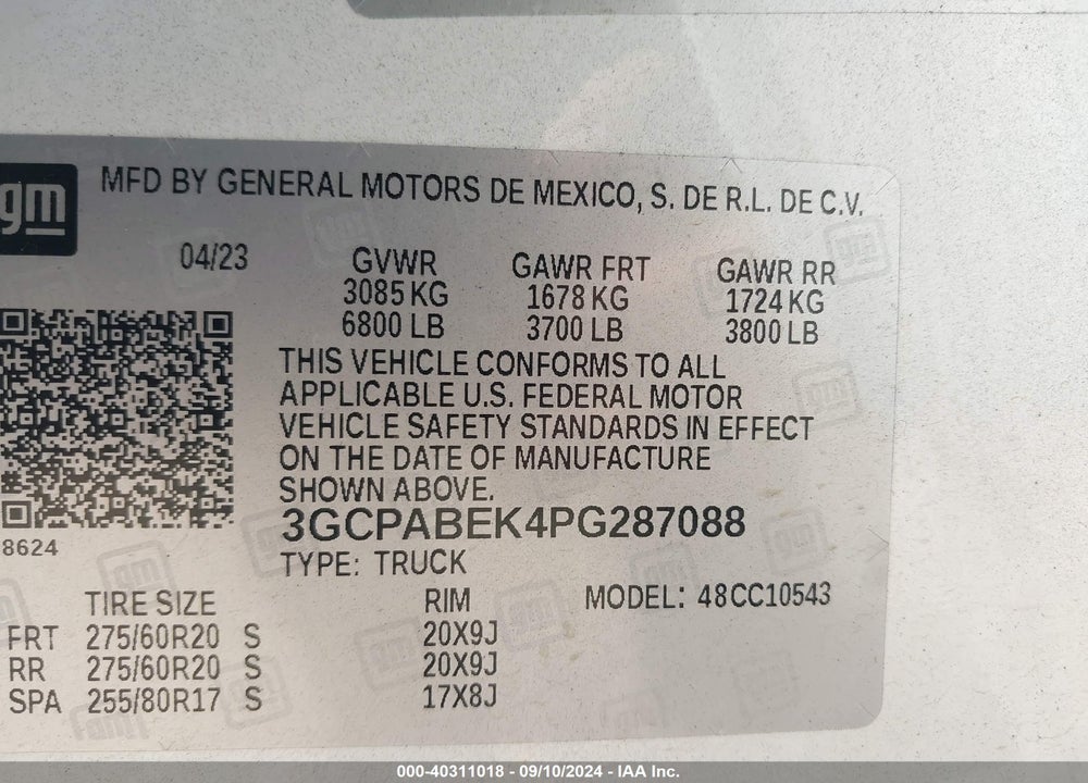 2023 CHEVROLET SILVERADO VIN: 3GCPABEK4PG287088