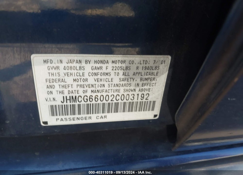 2002 HONDA ACCORD 2.3 EX VIN: JHMCG66002C003192