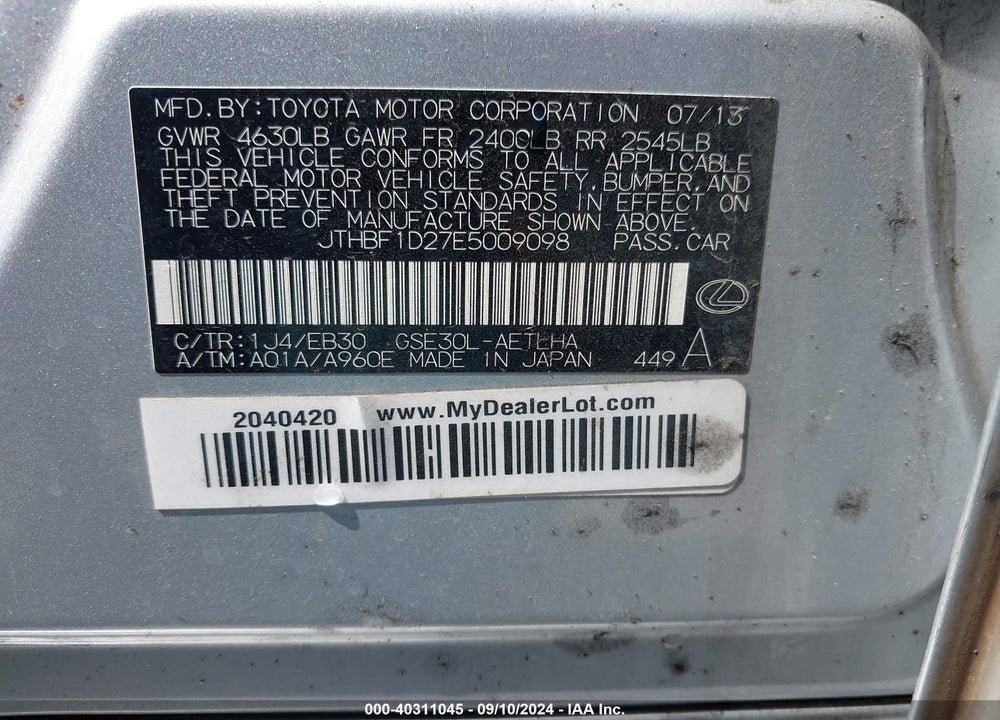 2014 LEXUS IS 250 VIN: JTHBF1D27E5009098