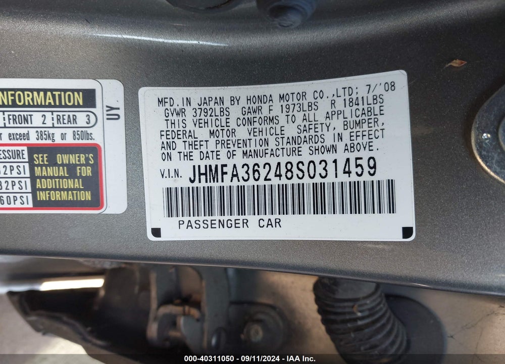2008 HONDA CIVIC HYBRID VIN: JHMFA36248S031459