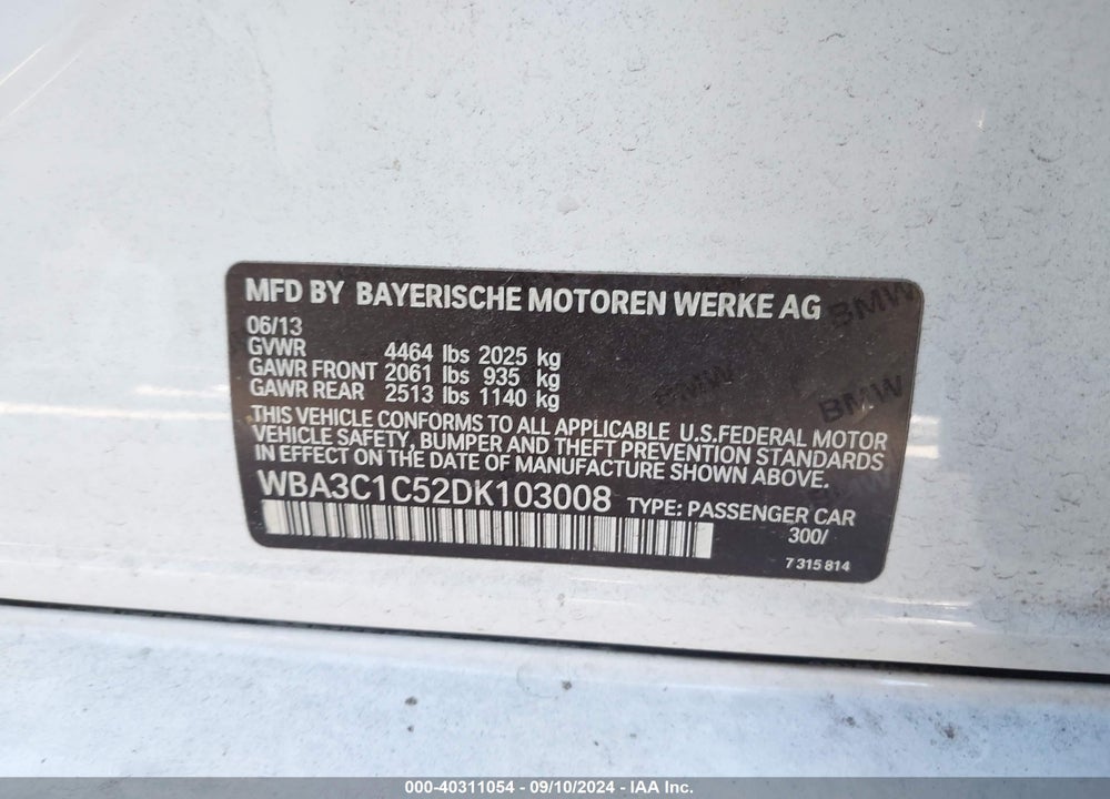 2013 BMW 328I VIN: WBA3C1C52DK103008
