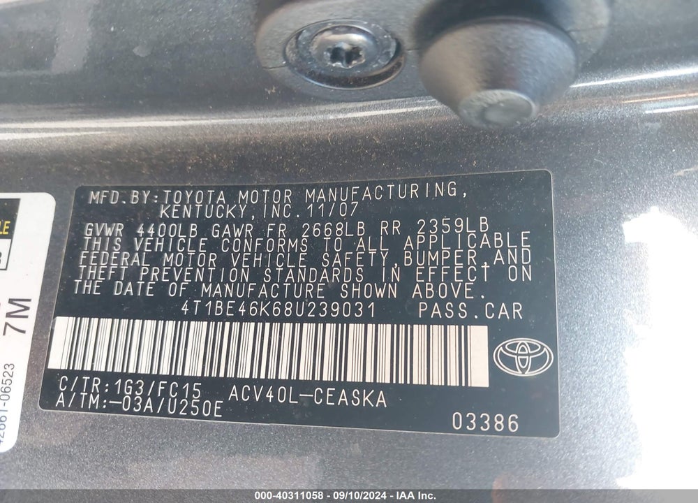 2008 TOYOTA CAMRY SE VIN: 4T1BE46K68U239031