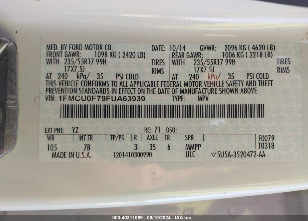 2015 FORD ESCAPE S VIN: 1FMCU0F79FUA63939
