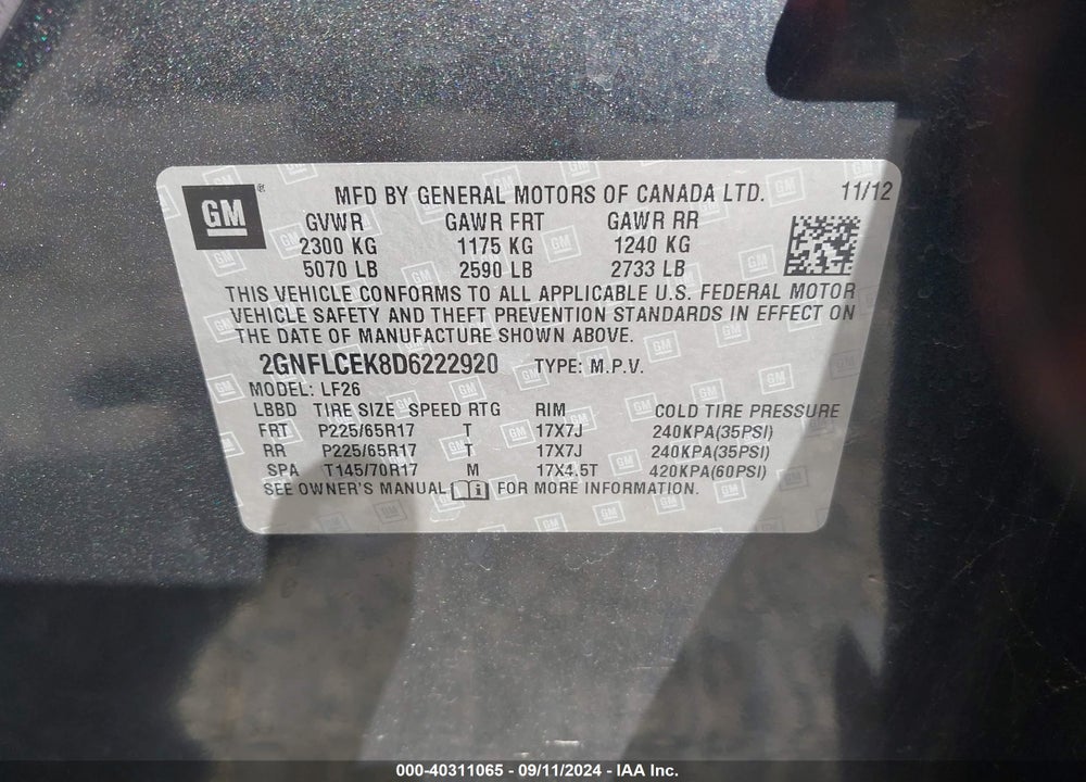 2013 CHEVROLET EQUINOX LS VIN: 2GNFLCEK8D6222920