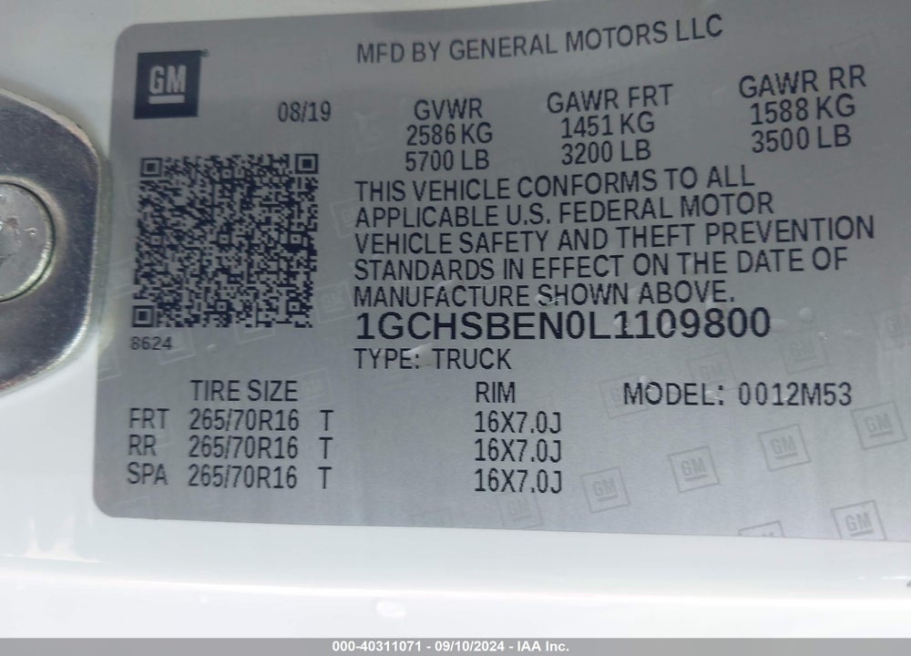 2020 CHEVROLET COLORADO 2WD LONG BOX WT VIN: 1GCHSBEN0L1109800