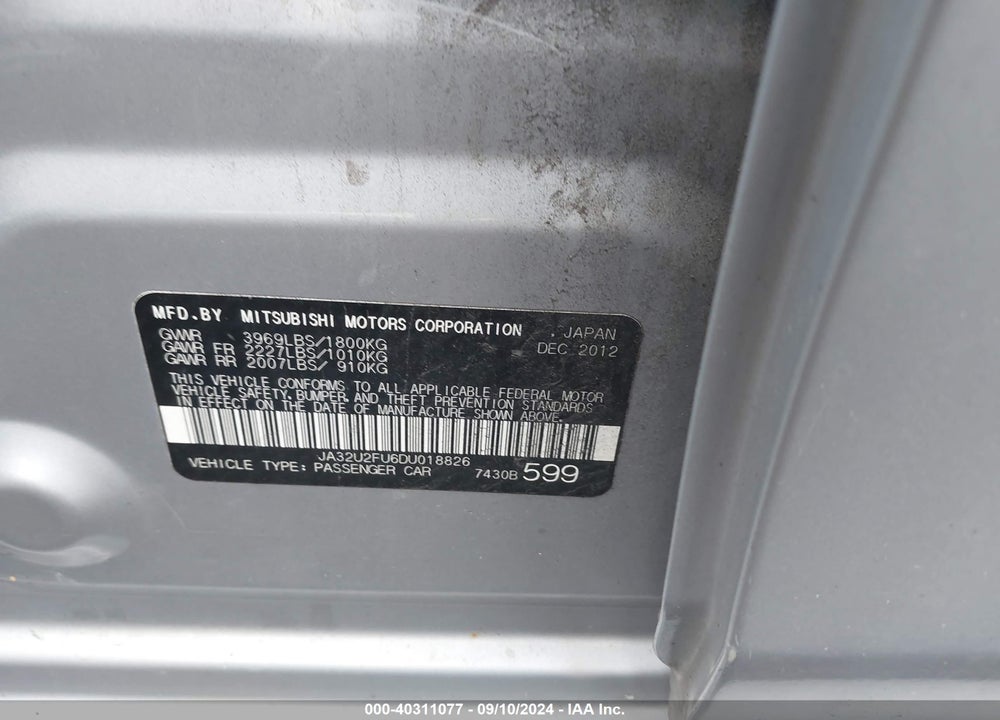 2013 MITSUBISHI LANCER ES VIN: JA32U2FU6DU018826