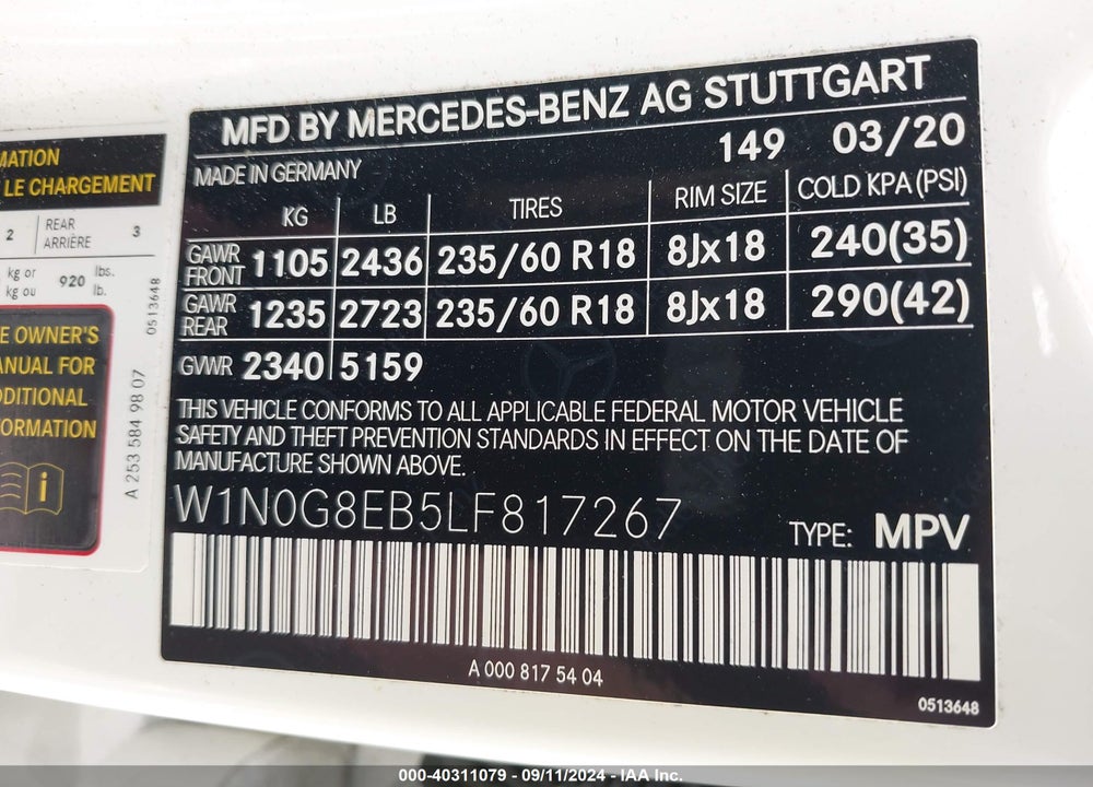 2020 MERCEDES-BENZ GLC 300 4MATIC VIN: W1N0G8EB5LF817267