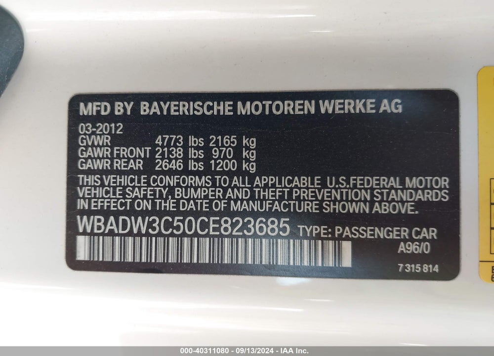 2012 BMW 328I VIN: WBADW3C50CE823685