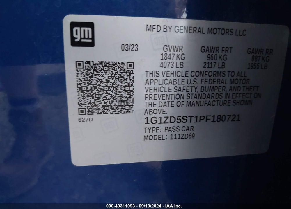 2023 CHEVROLET MALIBU FWD 1LT VIN: 1G1ZD5ST1PF180721