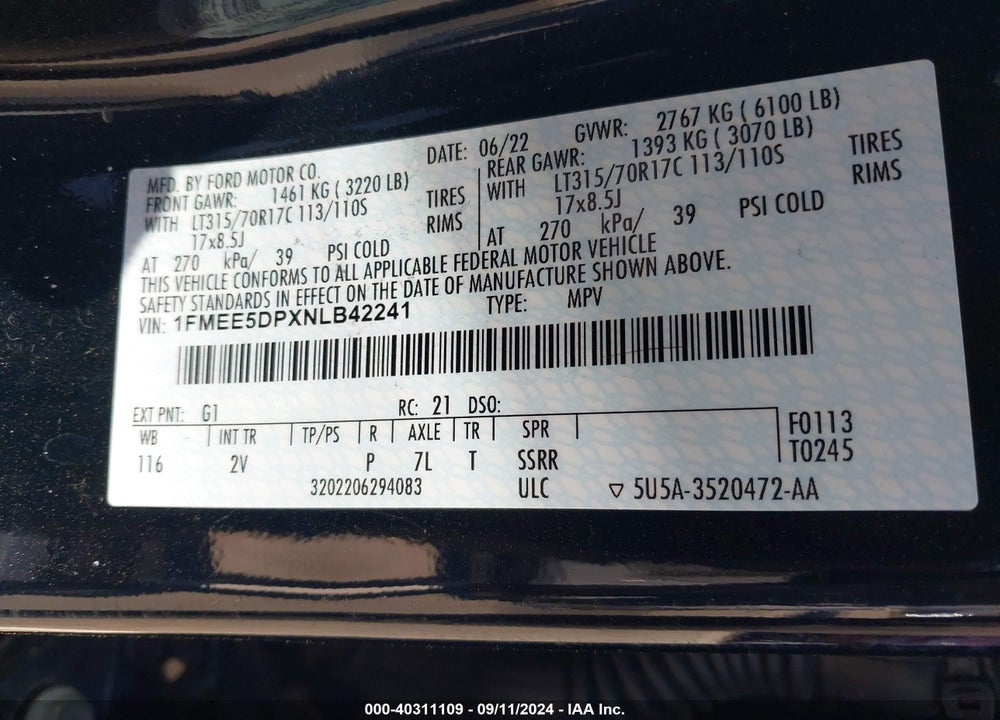 2022 FORD BRONCO OUTER BANKS VIN: 1FMEE5DPXNLB42241