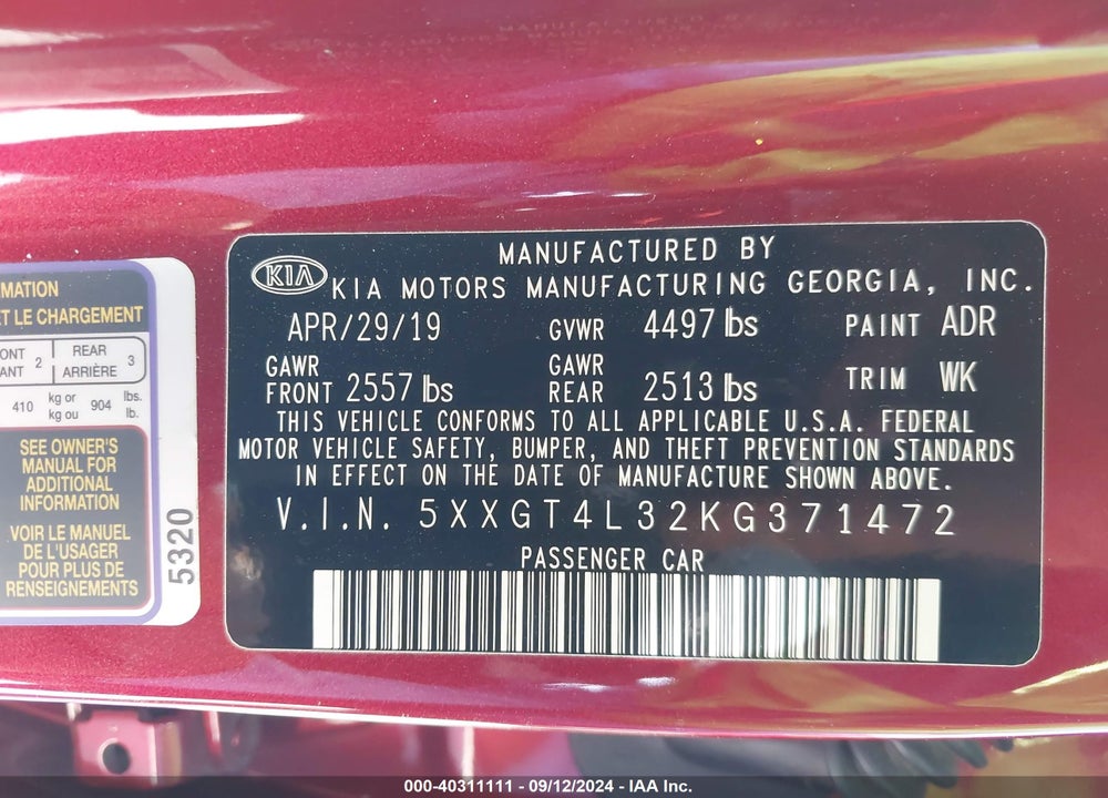 2019 KIA OPTIMA S VIN: 5XXGT4L32KG371472