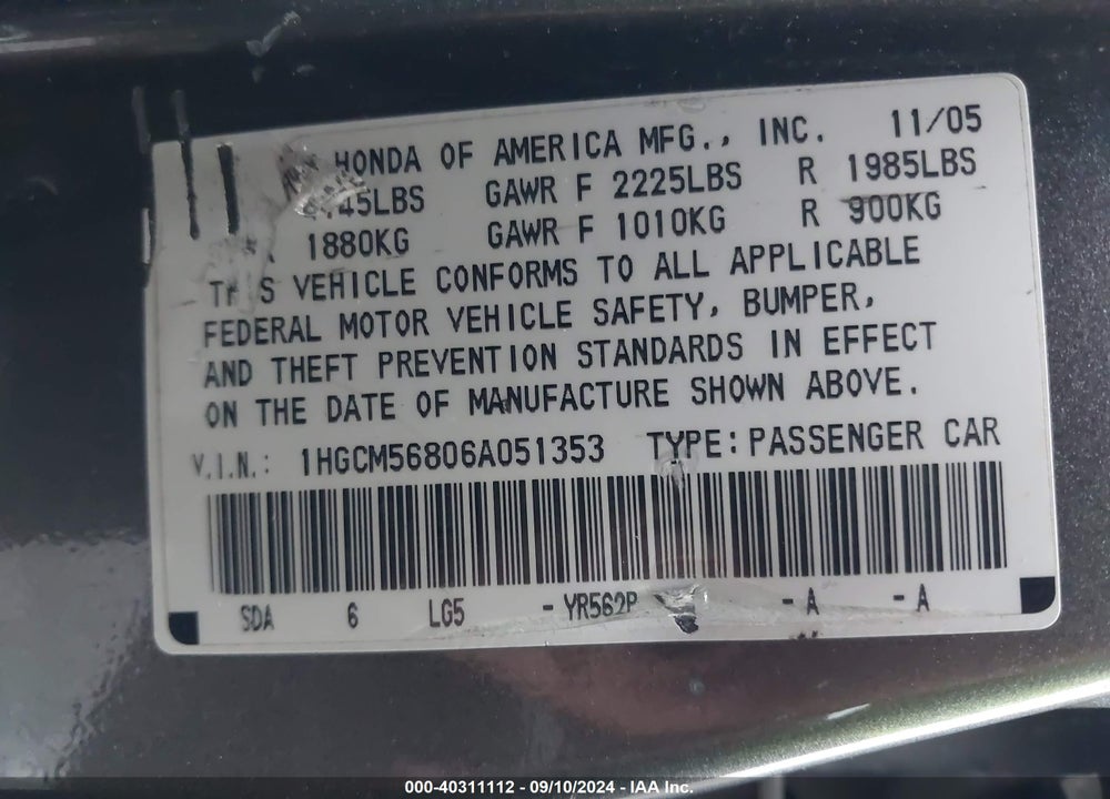 2006 HONDA ACCORD 2.4 EX VIN: 1HGCM56806A051353