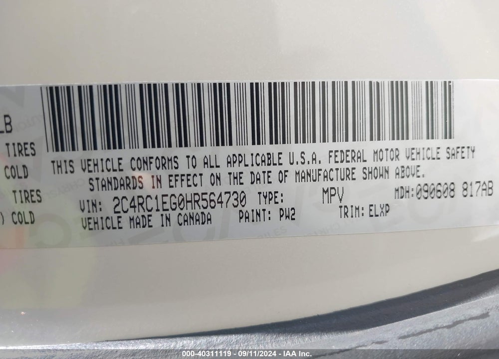 2017 CHRYSLER PACIFICA TOURING L PLUS VIN: 2C4RC1EG0HR564730