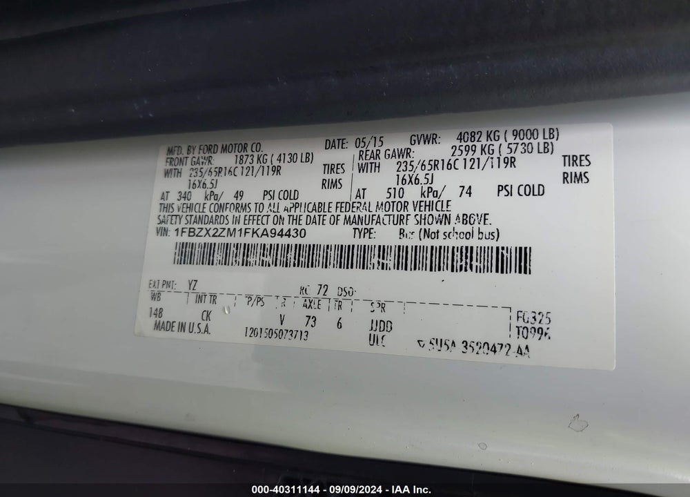 2015 FORD TRANSIT-350 VIN: 1FBZX2ZM1FKA94430