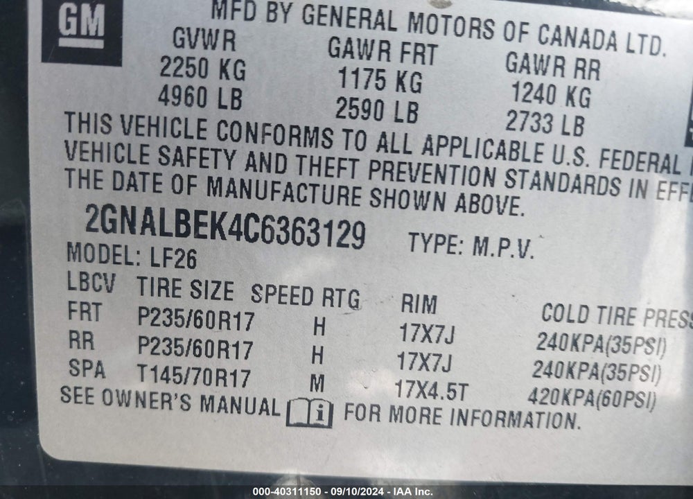 2012 CHEVROLET EQUINOX LS VIN: 2GNALBEK4C6363129