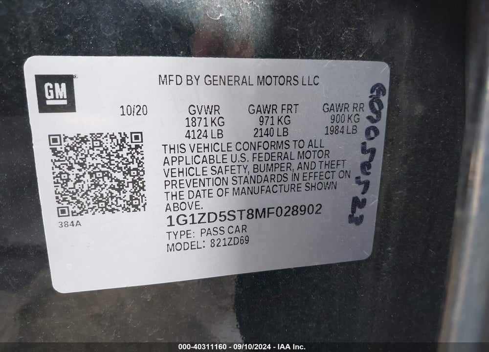 2021 CHEVROLET MALIBU LT VIN: 1G1ZD5ST8MF028902