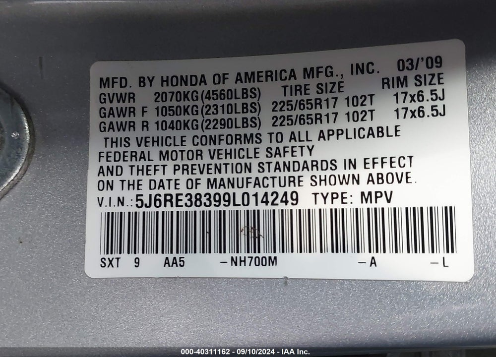 2009 HONDA CR-V LX VIN: 5J6RE38399L014249