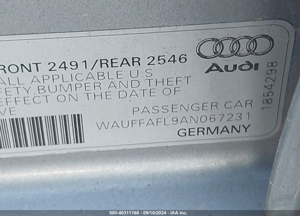 2010 AUDI A4 2.0T PREMIUM VIN: WAUFFAFL9AN067231