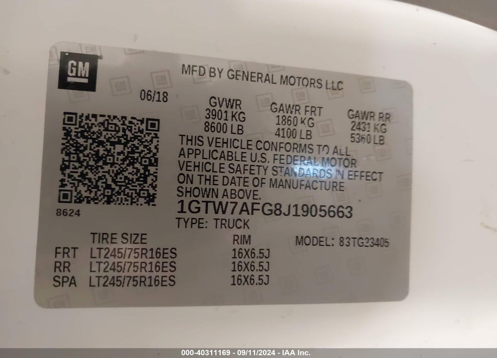 2018 GMC SAVANA 2500 WORK VAN VIN: 1GTW7AFG8J1905663