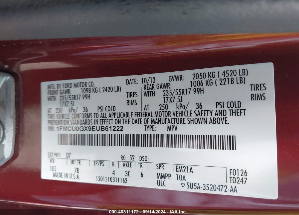 2014 FORD ESCAPE SE VIN: 1FMCU0GX9EUB61222