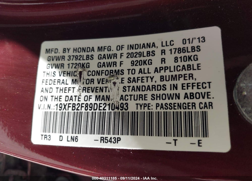 2013 HONDA CIVIC EX VIN: 19XFB2F89DE210493