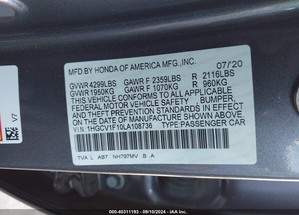 2020 HONDA ACCORD LX VIN: 1HGCV1F10LA108736