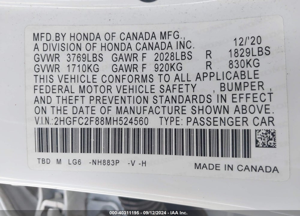 2021 HONDA CIVIC SPORT VIN: 2HGFC2F88MH524560