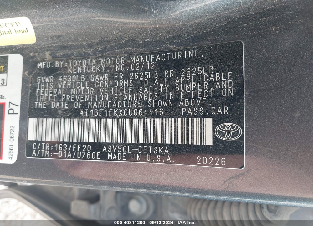 2012 TOYOTA CAMRY SE VIN: 4T1BF1FKXCU064416