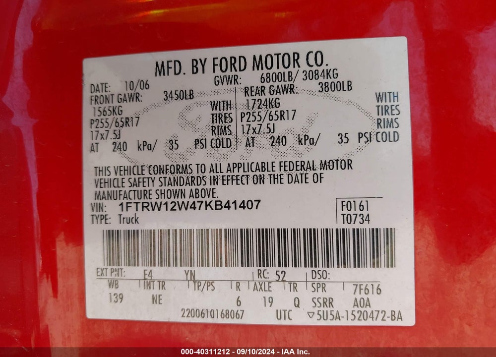 2007 FORD F-150 XLT VIN: 1FTRW12W47KB41407