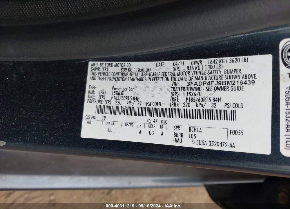 2011 FORD FIESTA SE VIN: 3FADP4EJ9BM216439