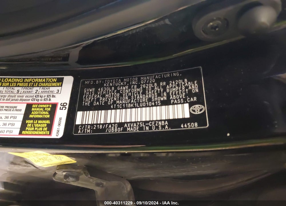 2020 TOYOTA CAMRY LE AWD VIN: 4T1C11BK1LU010415