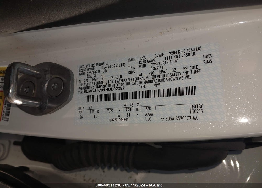 2022 LINCOLN CORSAIR STANDARD VIN: 5LMCJ1C91NUL02397