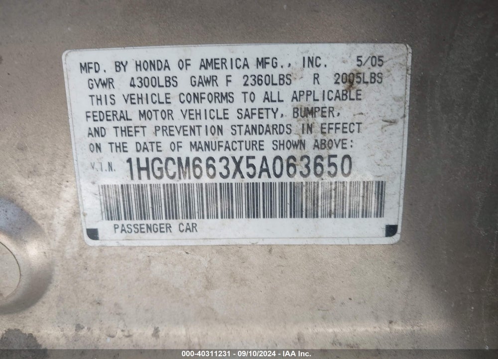 2005 HONDA ACCORD 3.0 LX VIN: 1HGCM663X5A063650