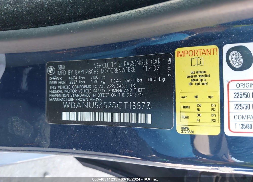 2008 BMW 528I VIN: WBANU53528CT13573