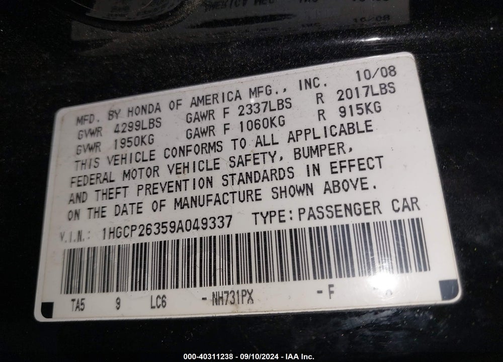 2009 HONDA ACCORD 2.4 LX VIN: 1HGCP26359A049337