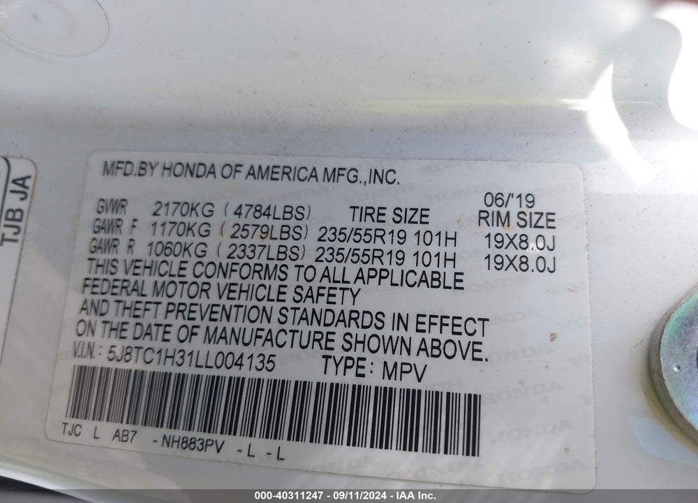 2020 ACURA RDX STANDARD VIN: 5J8TC1H31LL004135