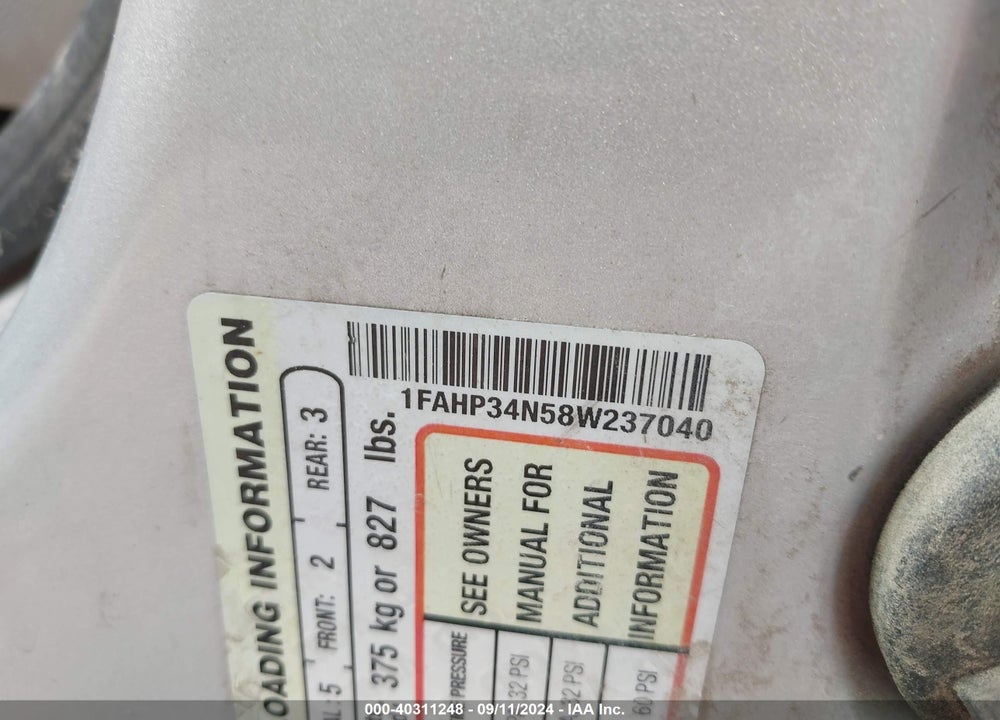 2008 FORD FOCUS S VIN: 1FAHP34N58W237040