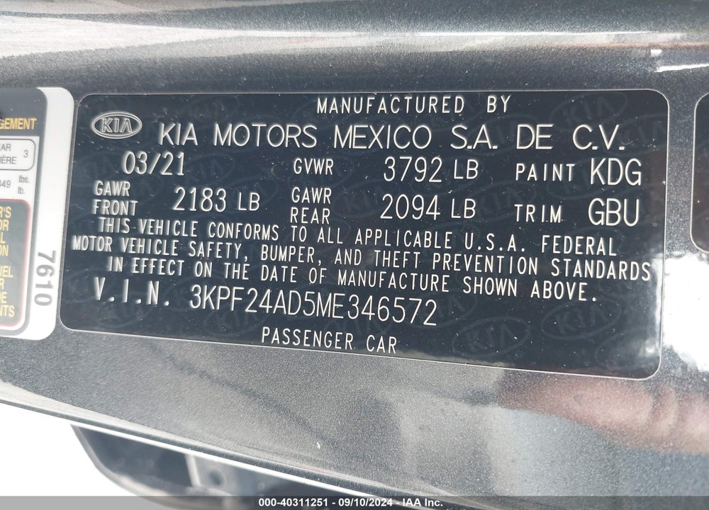 2021 KIA FORTE LXS VIN: 3KPF24AD5ME346572