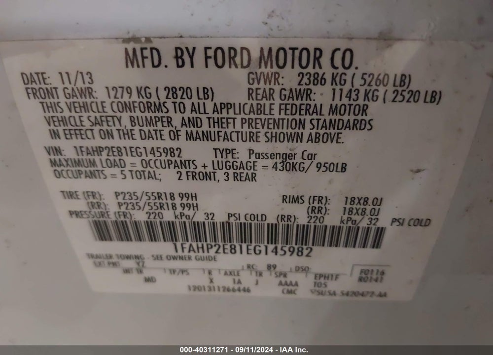 2014 FORD TAURUS SEL VIN: 1FAHP2E81EG145982