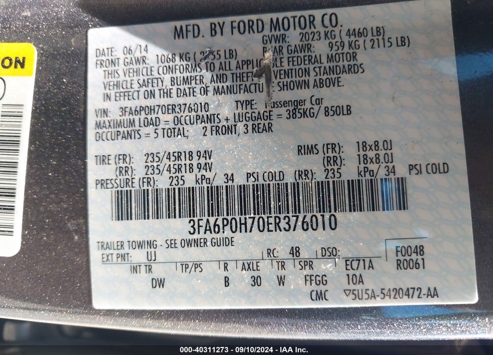 2014 FORD FUSION SE VIN: 3FA6P0H70ER376010