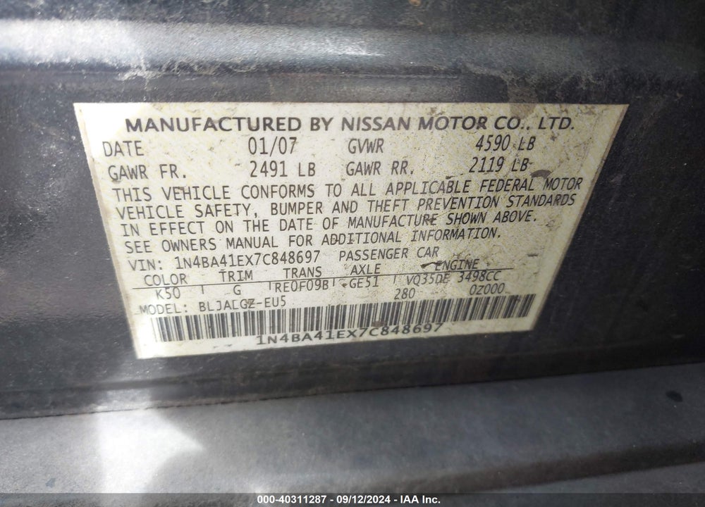 2007 NISSAN MAXIMA 3.5 SL VIN: 1N4BA41EX7C848697