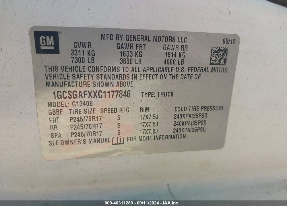 2012 CHEVROLET EXPRESS 1500 WORK VAN VIN: 1GCSGAFXXC1177846